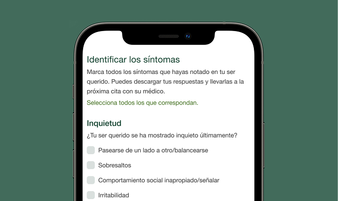 Cuestionario de síntomas en la pantalla del teléfono