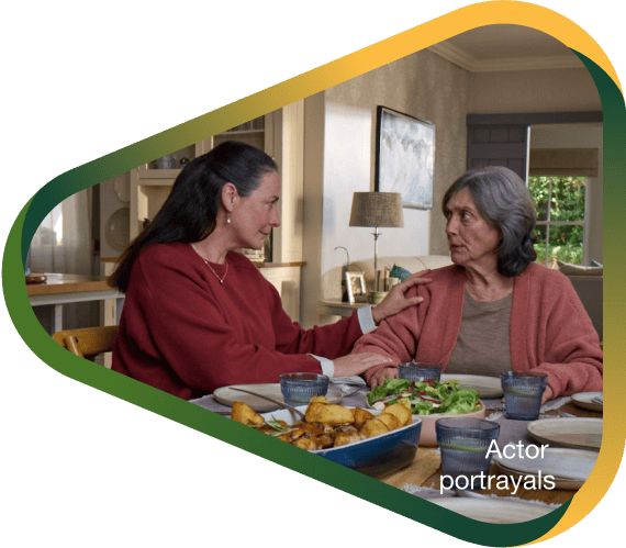 Actor portrayal of adult daughter comforting elderly mother over dinner who's living with agitation that may happen with dementia due to Alzheimer's disease.