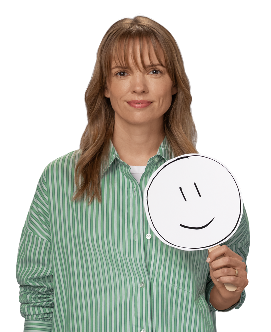 Female REXULTI user smiling while holding smiley face sign.