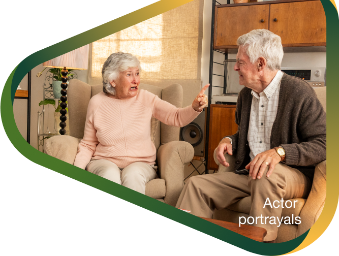 Actor portrayal of an elderly couple having an emotional reaction to the distressful and behavioral burden of Alzheimer's dementia disease.