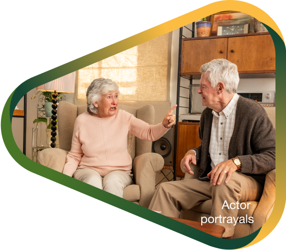 Actor portrayal of an elderly couple having an emotional reaction to the distressful and behavioral burden of Alzheimer's dementia disease.