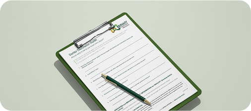 Doctor Discussion Guide on a clipboard with a pen on top