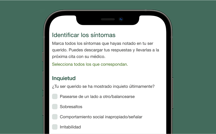 Cuestionario de síntomas en la pantalla del teléfono