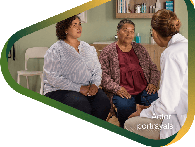Actor portrayal of a caregiver and her loved one at the doctor's office discussing their treatment journey with agitation that may happen with dementia due to Alzheimer's disease.