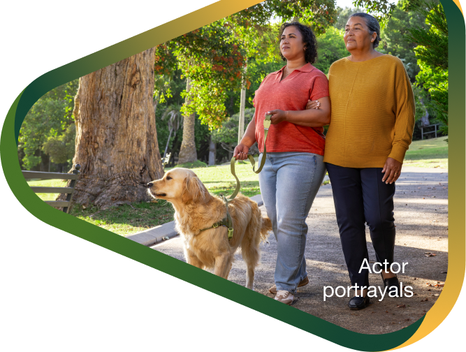 Actor portrayal of adult daughter walking dog in sunny park with elderly mother, who has agitation that may happen with dementia due to Alzheimer's disease.