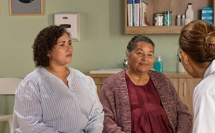 Actor portrayal of a caregiver and her loved one at the doctor's office discussing their treatment journey with agitation that may happen with dementia due to Alzheimer's disease.