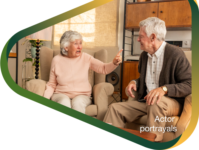Actor portrayal of an elderly couple having an emotional reaction to the distressful and behavioral burden of Alzheimer's dementia disease.