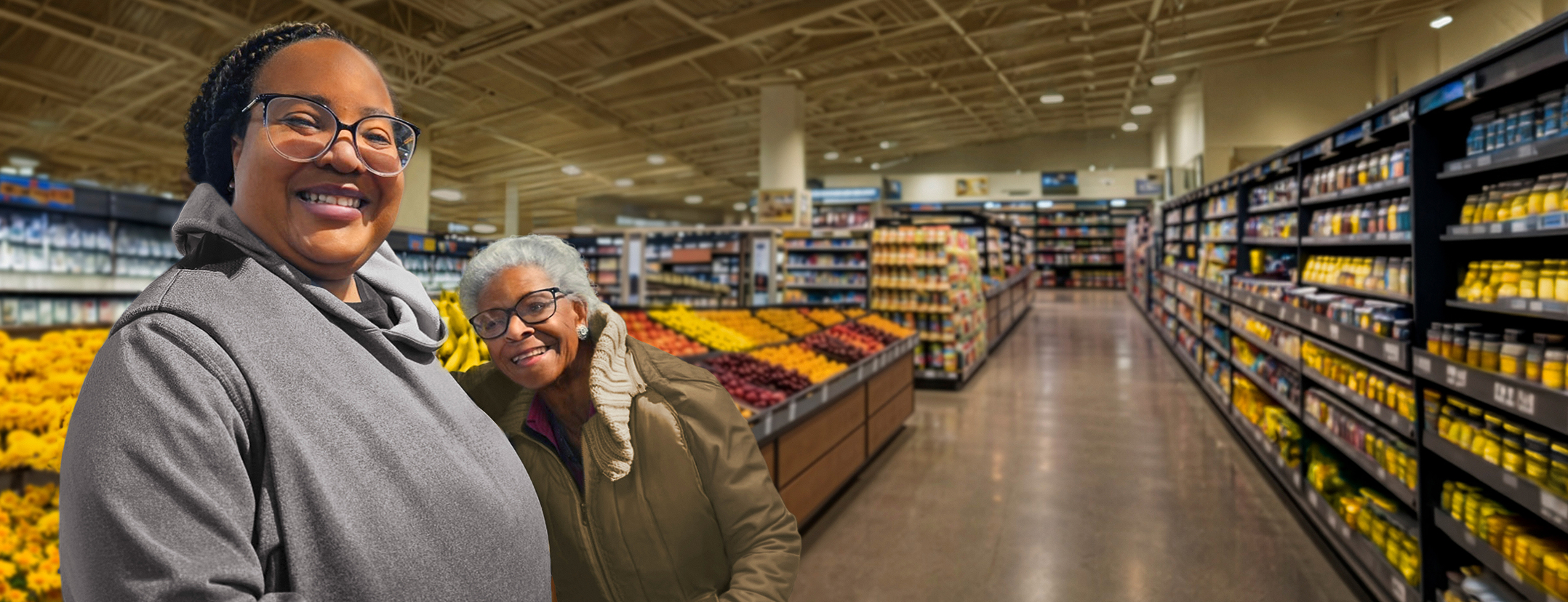 Caregiver Natasha and her grandmother with agitation that may happen with dementia due to Alzheimer's disease hugging and smiling in supermarket aisle.