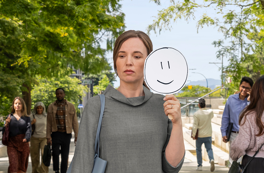 REXULTI for depression user with distraught expression walking in park with smiley face sign